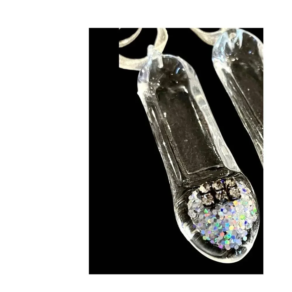 Art Blown Glass BALLET SLIPPER Rhinestones & Aurora Borealis Glitter Toe 3.25